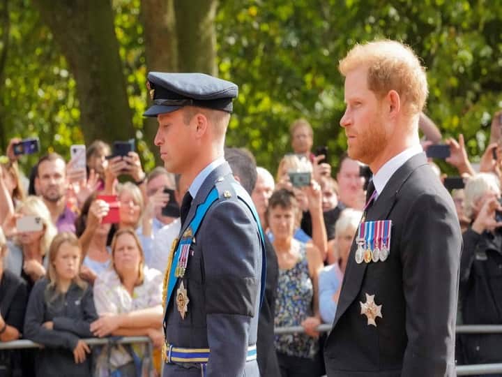 King Charles III, his sons Princes William and Harry and other members of the royal family walked behind the gun carriage. (Source: PTI)