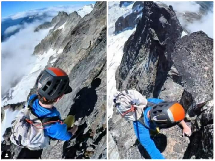 man was seen climbing the steep rocks at the risk of his life Video: सीधी खड़ी चट्टानों पर मौत से खेलता नजर आया शख्स, सांसें रोक देगा वीडियो