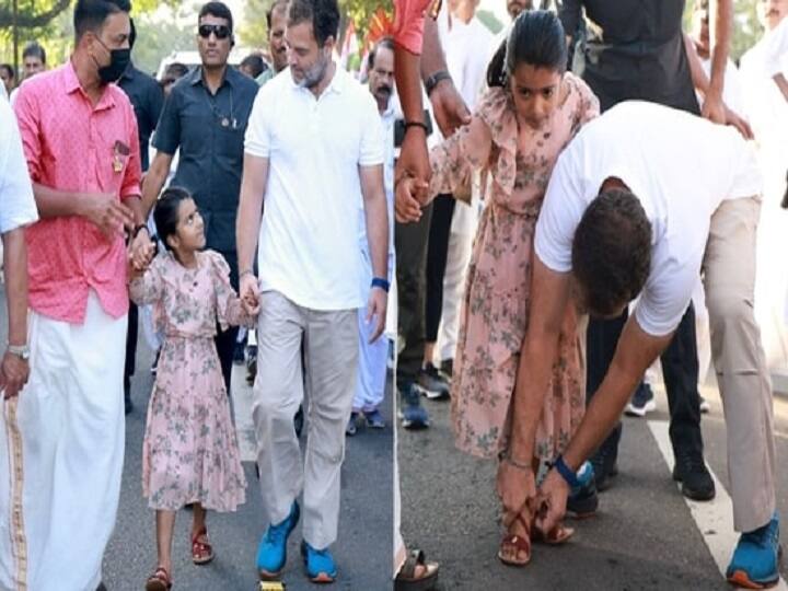 Bharat Jodo Yatra Video of Rahul Gandhi helping girl wear sandal goes viral சிறுமியின் காலணியை அணிய உதவிய ராகுல் காந்தி...இந்திய ஒற்றுமை நடைப்பயணத்தில் நெகிழ்ச்சி