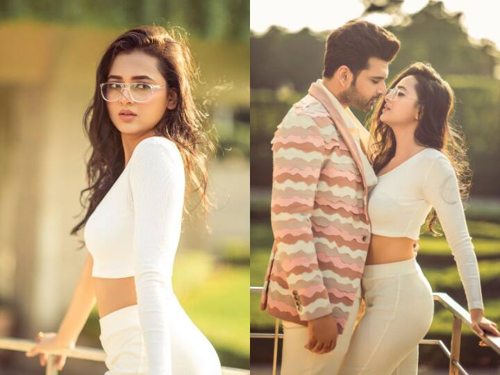 Tejasswi Prakash uploaded pictures on her Instagram account that shows her striking a pose in a white co-ord set.