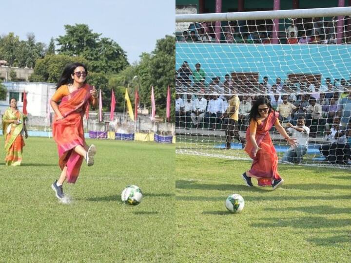 TMC MP Mahua Moitra played football in saree and sports shoes Social Media users Apricated it TMC सांसद महुआ मोइत्रा ने साड़ी-स्पोर्ट्स शूज में खेला फुटबॉल, सोशल मीडिया पर लोगों ने ऐसे किया रिएक्ट