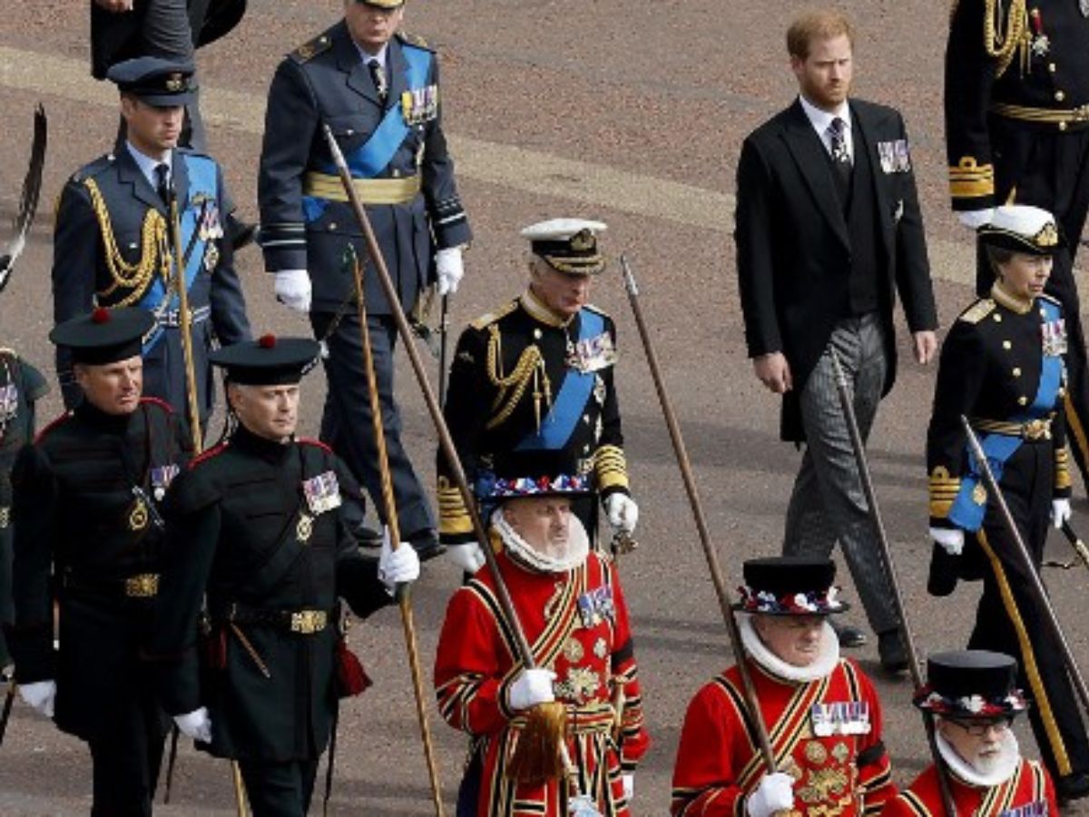 King Charles III and other members of the Royal Family behind Queen Elizabeth II's coffin
