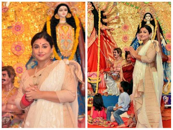 विद्या बालन भी दुर्गापूजा में बढ़-चढ़कर हिस्सा लेती हैं. विद्या बालन के जैसी ऑफ व्हाइट साड़ी आपको सिंपल और एलीगेंट लुक देगी.