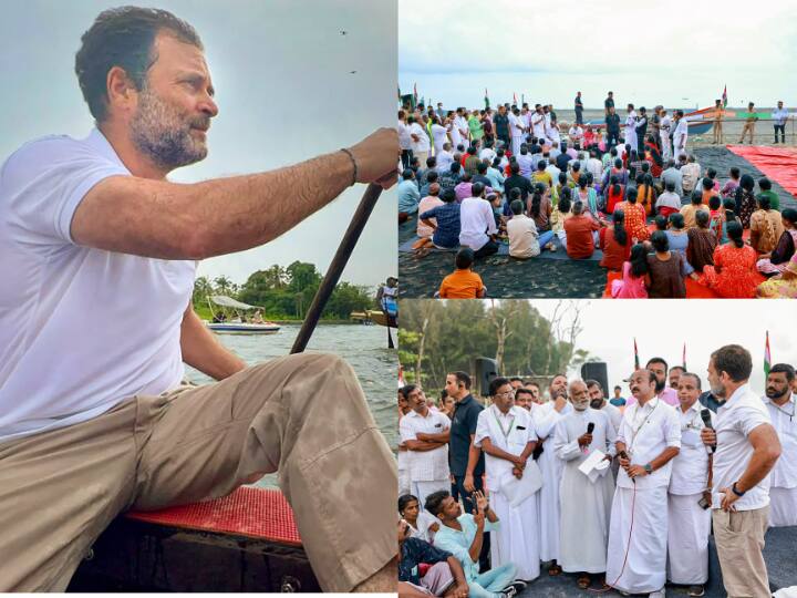 Rahul Gandhi In Kerala: भारत जोड़ो यात्रा पर निकले राहुल गांधी इन दिनों केरल में हैं. सोमवार को उन्होंने स्नेक बोट रेस प्रदर्शनी में हिस्सा लिया और बोट भी चलाई.