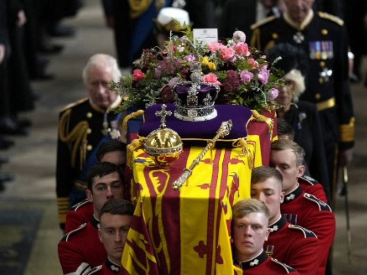 Queen Elizabeth II's coffin being carried out of Westminster Abbey
