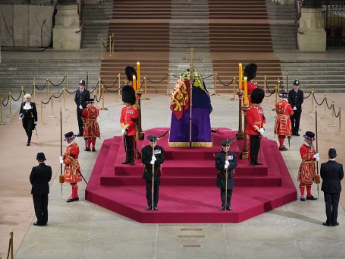 Lady Usher of the Black Rod, Sarah Clarke, paid her last respects to Queen Elizabeth II on September 19, 2022. In this image, Sarah Clarke is seen passing the Queen's coffin, lying-in-state inside Westminster Hall.
