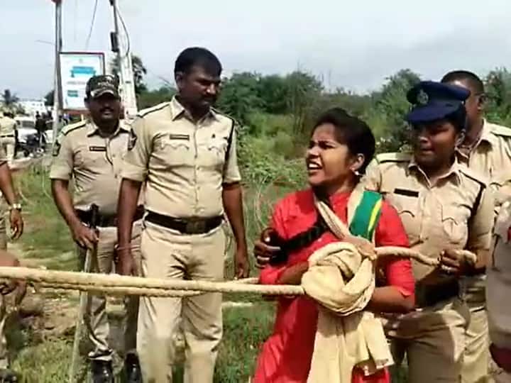 Amaravati police harsh behaviour against TDP SC leader kambhampati sirisha TDP Protest: టీడీపీ మహిళా నేతపై పోలీసుల దురుసు ప్రవర్తన, తాడుతో లాగిన పోలీసులు - వీడియో