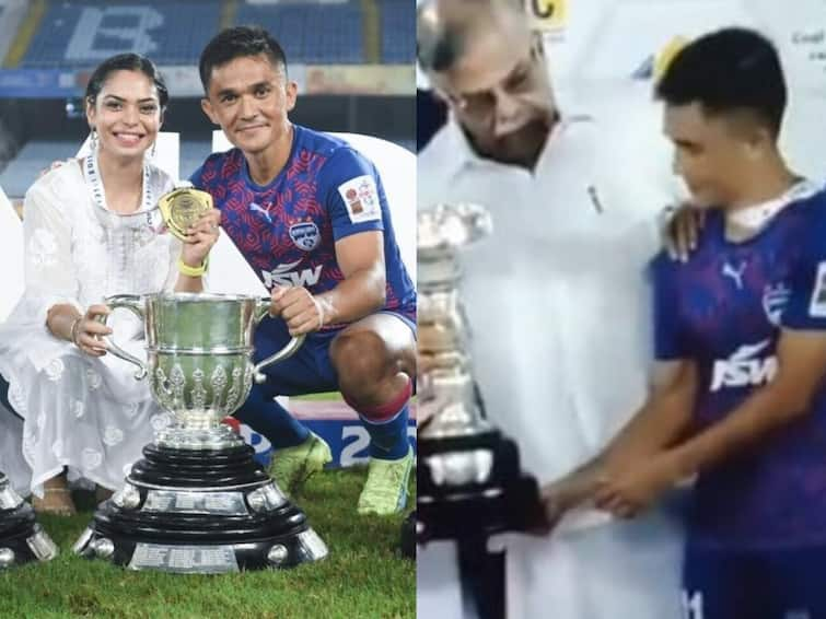 West Bengal Governor pushes Sunil Chhetri aside to pose with Durand trophy - watch video Video: போட்டோக்கு போஸ், அய்யோ பேஷ்! பேஷ்! சேத்ரிக்கு ஏற்பட்ட அவமானம்.. இல கணேசனுக்கு குவியும் கண்டனம்!