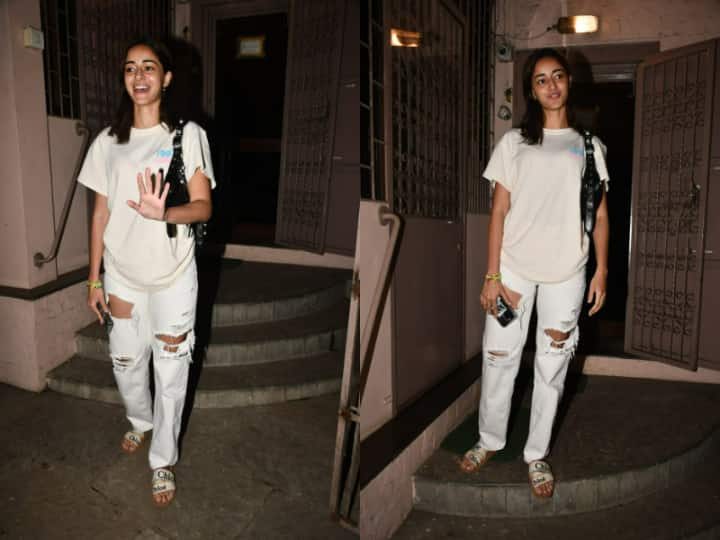 Ananya Panday was spotted at a dubbing studio in Mumbai. She wore a whit T with matching distressed jeans and looked casual and chic. Check out pics