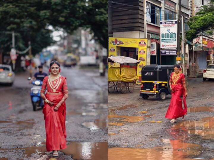 Bride turns model for photoshoot protest in Kerala picture goes viral in instagram குண்டும் குழியுமான சாலையில் மணப்பெண் ஃபோட்டோஷூட்..! இப்படியும் ஒரு எதிர்ப்பு!!