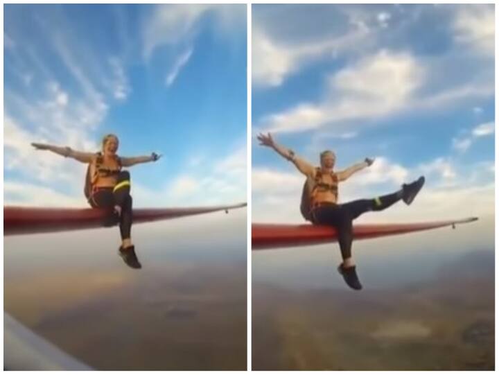 Woman climbed on wing of a plane at a height of thousands of feet before going skydiving Video: हजारों फीट की ऊंचाई पर प्लेन के पंख पर चढ़ी महिला, फिर लगा दी छलांग