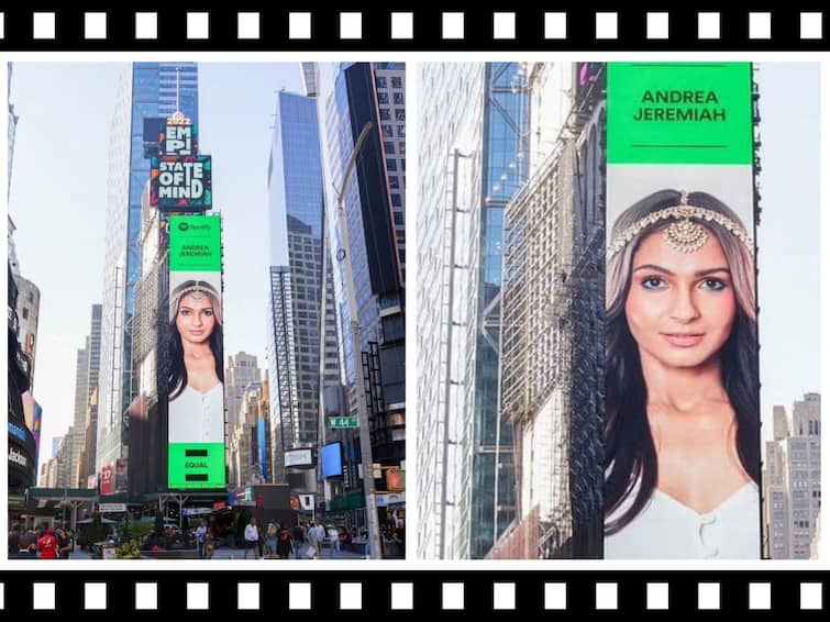 andrea jeremia spotify advt Times Square Plaza in New York City நியூயார்க் ‛டைம்ஸ் ஸ்கொயர்’ பில்டிங்கில் ஆண்ட்ரியா விளம்பரம்... ராணி என பெருமிதம்!
