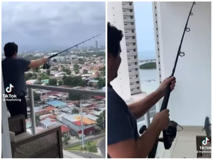 Man fishing from house balcony in multi-storey building Viral Video Video: शख्स ने अपने घर की बालकनी से की फिशिंग, वीडियो देख होगी हैरानी