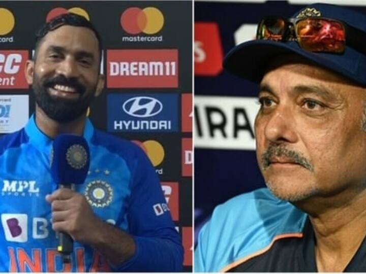 Dinesh Karthik's funny answer to Ravi Shastri's question after the second T20 match against Australia is going viral on social media Watch: 'बहुत-बहुत शुक्रिया', रवि शास्त्री के सवाल पर दिनेश कार्तिक का मजेदार जवाब वायरल; देखें वीडियो