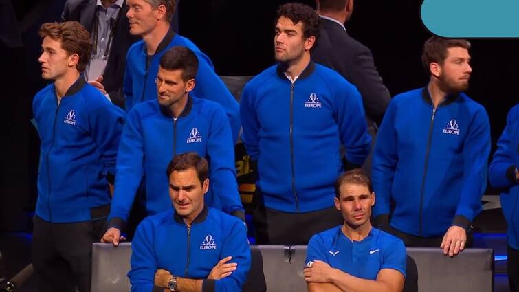 Roger Federer Last Game lavers cup Rafael Nadal in tears after Roger final match of career watch video internet says respect Roger Federer Farewell: বিদায় বেলায় চোখে জল রজারের, পাশে বসে কাঁদলেন রাফাও