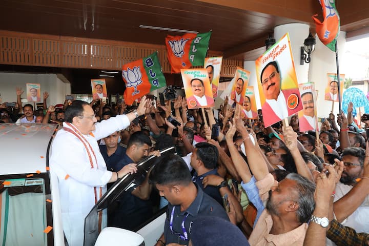 BJP leaders and party workers receive National President JP Nadda on Sunday in Kerala. (Image: Office of JP Nadda)