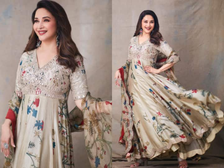 Madhuri Dixit has kickstarted promotions for her upcoming movie ‘Maja Ma’, and her beauty is already attracting attention.