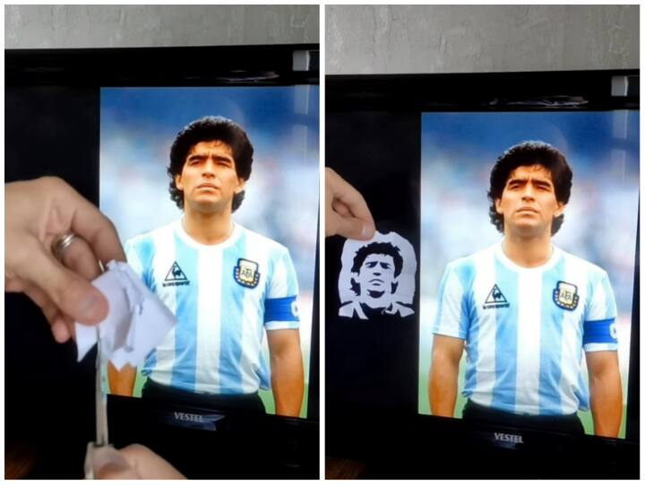 man carved a picture of Diego Maradona by cutting paper with scissors Video: कागज को काट कर शख्स ने उकेरी डिएगो माराडोना की तस्वीर, टैलेंट के कायल हुए यूजर्स