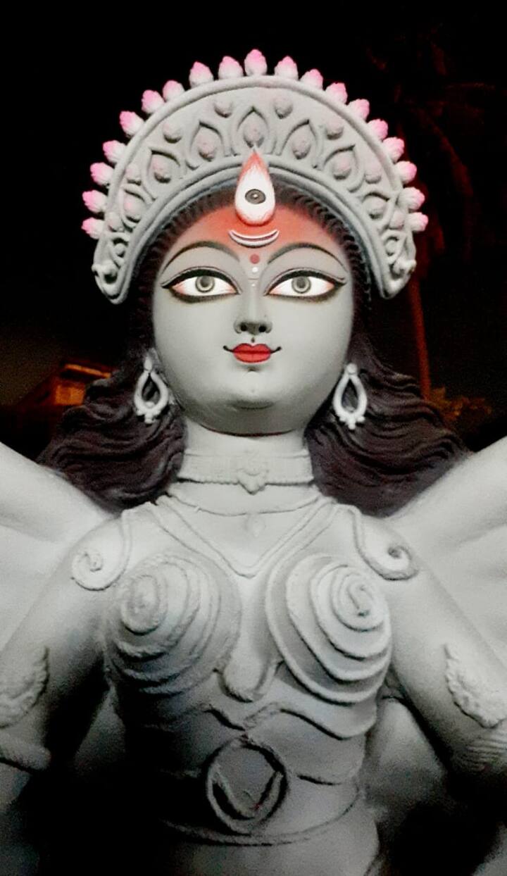 এই হল মাতৃমূর্তি। ফ্যাশন ডিজাইনের অধ্যাপক সৌমেন ঘোষের ভাবনায় সেজে উঠেছে মণ্ডপ।
