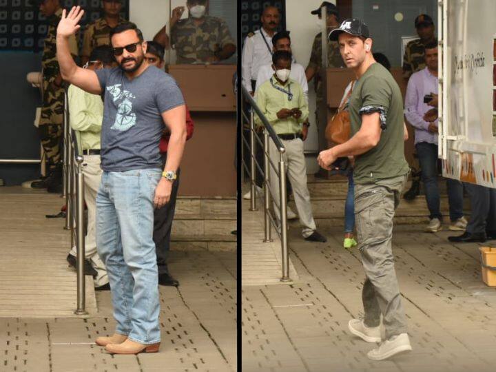 Hrithik-Saif Pics: बॉलीवुड सुपरस्टार ऋतिक रोशन और सैफ अली खान की जोड़ी फिल्म विक्रम वेधा में नजर आने वाली है. इसी बीच ऋतिक और सैफ के एयरपोर्ट लुक की शानदार तस्वीरें सामने आईं हैं.