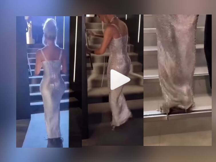 kim kardashian video in silver gown gone viral on internet people trolling actress Kim Kardashian:  हे काय गं बाई? हॉट दिसण्याच्या नादात केलं भलतंच काही; अभिनेत्रीची फॅशन पाहून नेटकरी चक्रावले