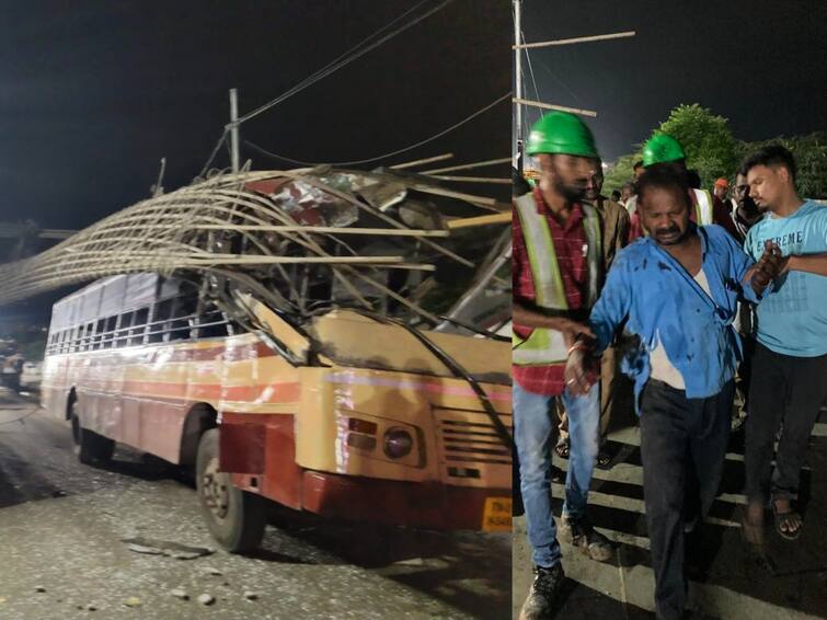 Ramapuram Metro flyover pillar fell on Govt bus 3 labour injured ராமாபுரம் மெட்ரோ பணியின்போது விபத்து... அரசு பேருந்து மீது சாய்ந்த பில்லர்... 3 ஊழியர்கள் படுகாயம்!