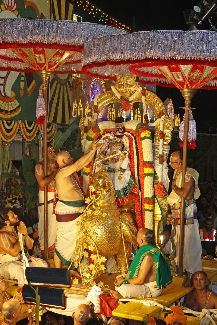 మాడ వీధుల్లో అంగ‌రంగ వైభ‌వంగా జ‌రిగిన వాహ‌న‌సేవ‌లో వివిధ క‌ళాబృందాల ప్రద‌ర్శన‌లు భ‌క్తుల‌ను ఎంత‌గానో ఆక‌ట్టుకున్నాయి.