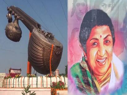 PM Narendra Modi pays tribute to Lata Mangeshkar on her birth anniversary Tribute to Lata Mangeshkar:  14 டன் எடை! 40 அடி உயரம் ! பிரம்மாண்ட வீணை! - லதா மங்கேஷ்கருக்கு நினைவுச்சின்னம் எழுப்பிய மோடி!