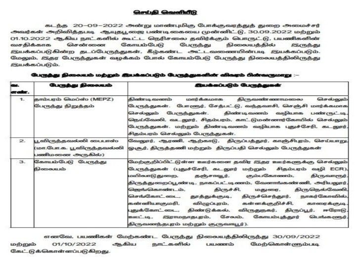 Special Buses: ஆயுத பூஜையை முன்னிட்டு கூடுதல் பேருந்து நிலையங்கள்: அட்டவணை அறிவிப்பு