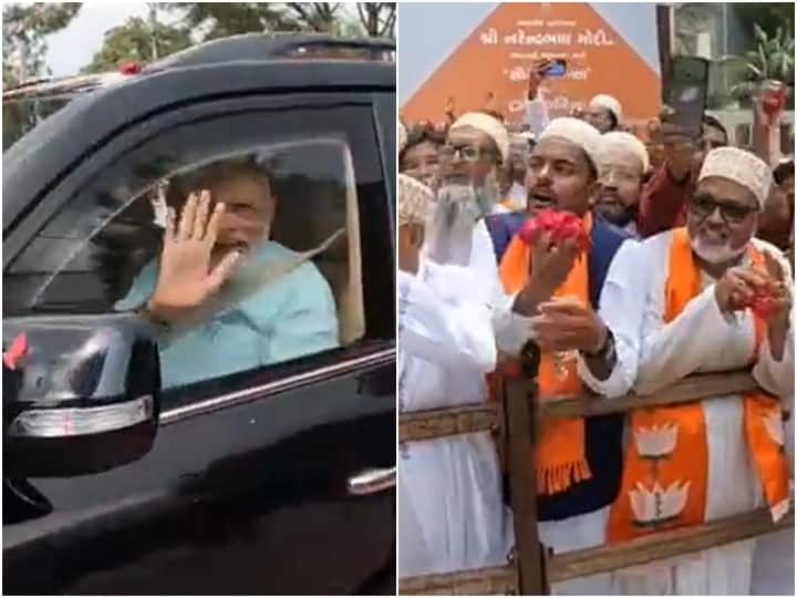PM Modi Gujarat Visit People showered flowers during PM Modi's Bhavnagar roadshow PM Modi Gujarat Visit: मोदी-मोदी के नारों के साथ भावनगर में मुसलमानों ने पीएम पर बरसाए फूल, आप भी देखें वीडियो