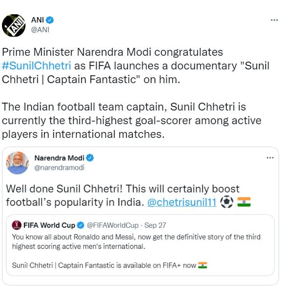 Sunil Chhetri: ਸੁਨੀਲ ਛੇਤਰੀ ਦਾ ਸਨਮਾਨ, ਫੀਫਾ ਨੇ ਦਿਲ ਨੂੰ ਛੂਹ ਲੈਣ ਵਾਲੀ ਸੀਰੀਜ਼ ਕੀਤੀ ਜਾਰੀ, ਪ੍ਰਧਾਨ ਮੰਤਰੀ ਮੋਦੀ ਨੇ ਦਿੱਤੀ ਵਧਾਈ