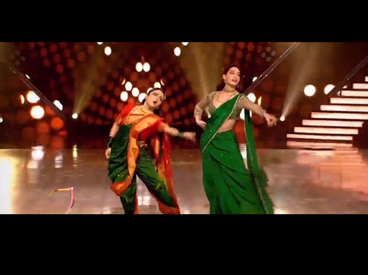 bollywood actress nora fatehi dance with Amruta Khanvilkar on jhalak dikhla ja marathi news Amruta Khanvilkar : 'वाजले की बारा' गाण्यावर अमृता खानविलकरसह नोराचा मराठमोळा ठुमका; व्हिडीओ पाहाच