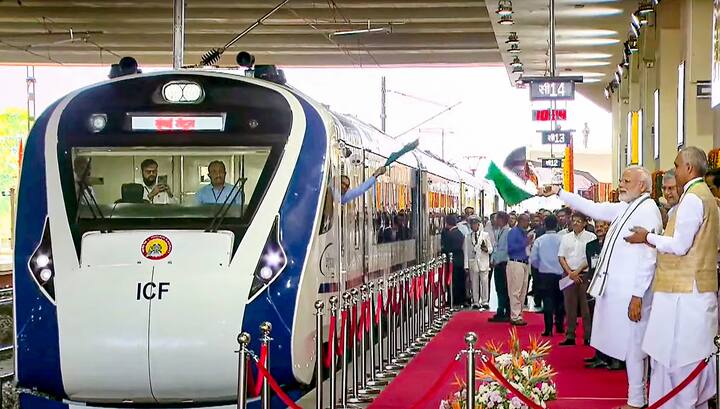 Prime Minister Narendra Modi flags off the Gandhinagar-Mumbai Vande Bharat Express train, in Gandhinagar. (Source: PTI)
