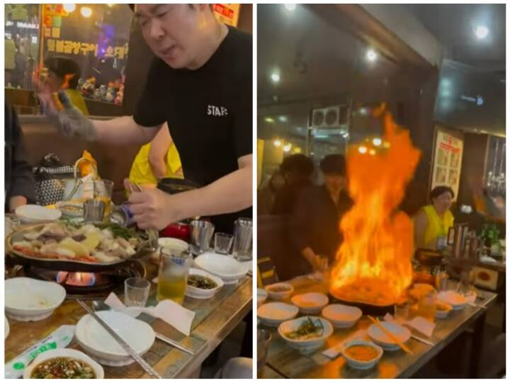 Food served in a unique way by setting fire in hand video goews viral on Social Media Video: फायरप्रूफ है यह शख्स, भाप में आग लगाकर परोसा खाना