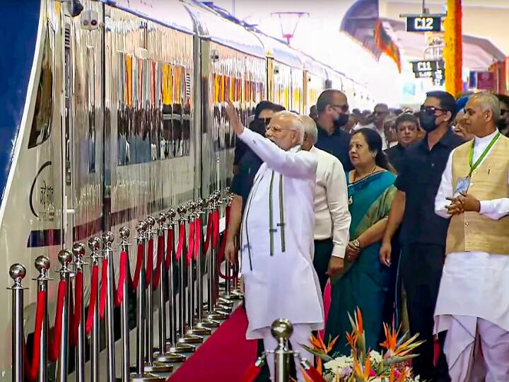 Prime Minister Narendra Modi on Friday flagged off the Gandhinagar-Mumbai Vande Bharat Express semi-high speed train. He boarded the train for a ride between Gandhinagar and Kalupur railway station.