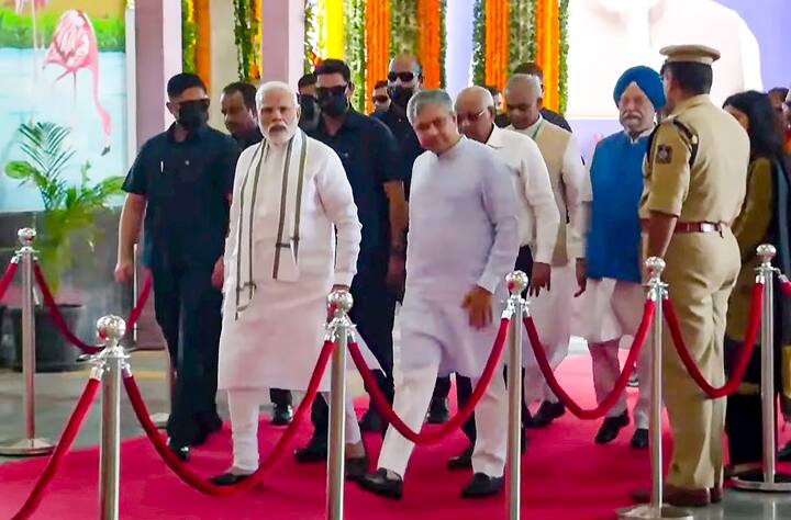 Prime Minister Narendra Modi with Union Minister for Railways Ashwini Vaishnaw, Union Minister for Housing and Urban Affairs Hardeep Singh Puri and Gujarat Chief Minister Bhupendra Patel during the flag-off of Gandhinagar-Mumbai Vande Bharat Express train, in Gandhinagar on Friday. (Source: PTI)