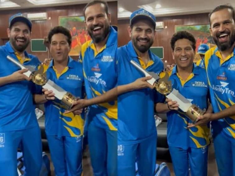 Sachin Tendulkar celebration after win india legends road safety series 2022 Sachin Tendulkar : வெற்றிக்களிப்பில் குட்டி முயலாய் துள்ளிகுதித்த சச்சின்.. சேட்டையை  வெளியிட்ட இர்பான் பதான்!