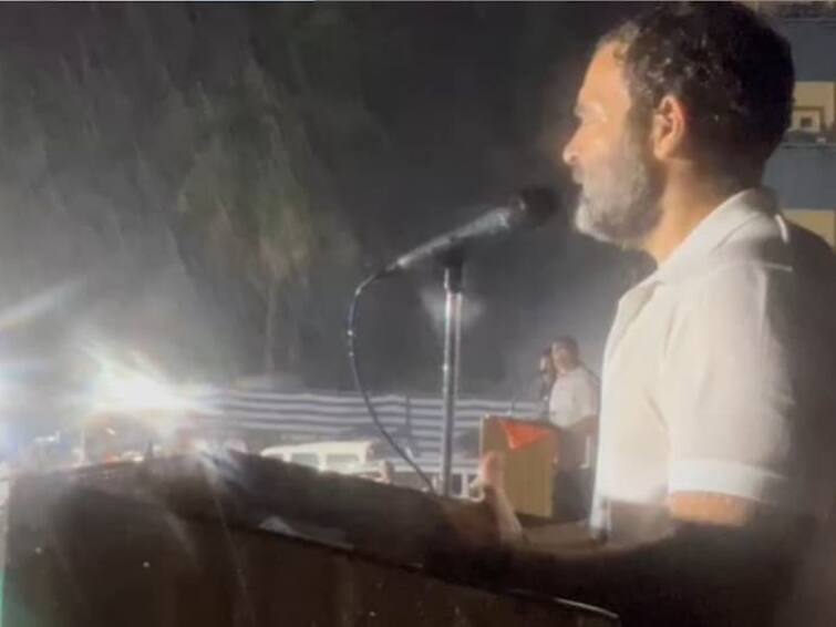 congress leader rahul gandhi held rally amidst heavy rainfall  सभेचा 'पवार पॅटर्न' आता देशातही, धो-धो पावसात राहुल गांधींचं भाषण, व्हिडीओ व्हायरल