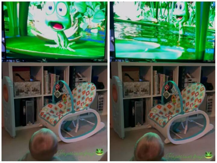 Baby laughed after seeing favorite cartoon frog in television video goes viral on social media Video: प्यार पाने में मेढक हुआ फेल, कार्टून को देख बच्चे ने लगाए ठहाके