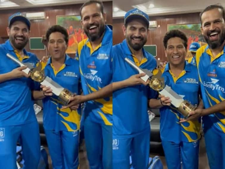 Sachin Tendulkar celebration after win india legends road safety series 2022 Sachin Tendulkar : रोड सेफ्टी स्पर्धेत इंडिया लिजेंड्स विजयी, इरफान पठाणने शेअर केला सचिन तेंडूलकरचा व्हिडीओ