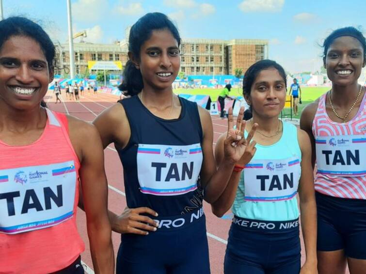 National Games 2022 Tamil Nadu 4*400 women relay team won Gold medal with timing of 3.35.32 beating Haryana women team National Games 2022: தேசிய விளையாட்டு போட்டியில் அசத்திய தமிழக வீராங்கனைகள்..4*400 மீட்டர் ரிலேவில் தங்கம்..!