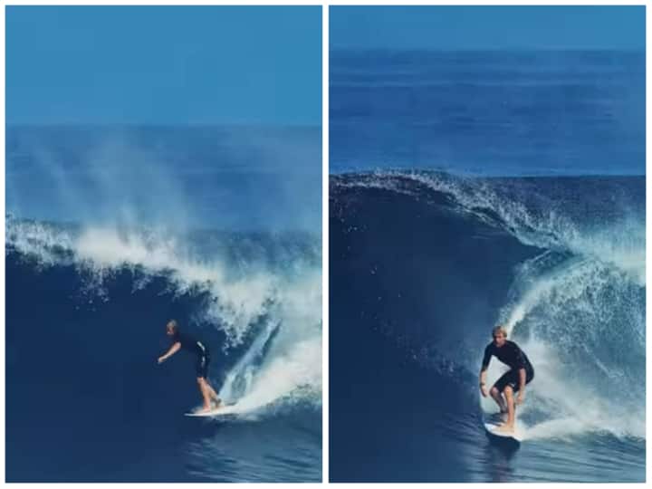 man seen surfing on high waves deep sea in viral video Video: गहरे समुद्र की ऊंची लहरों पर सर्फिंग करते दिखा शख्स, हैरत में आये यूजर्स