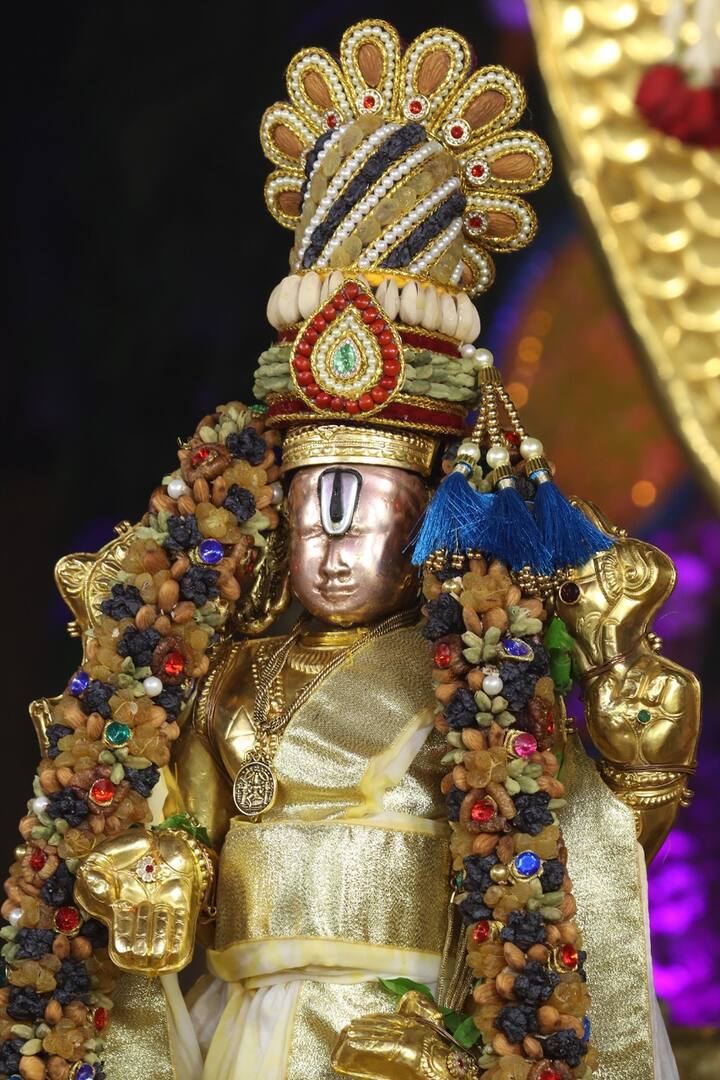 అత్తిపండ్లు, నేరేడు పండ్లు, పిస్తా-బాదం-యాలకులు, జొన్నలు మొదలైన వాటితో మాల‌లు, కిరీటాలు త‌యారుచేశారు. స్నపనంలో ఏడు రకాల మాల‌లు, కిరీటాలు, చివ‌రిగా తులసి మాలలు స్వామి వారికి అలంకరించారు.
