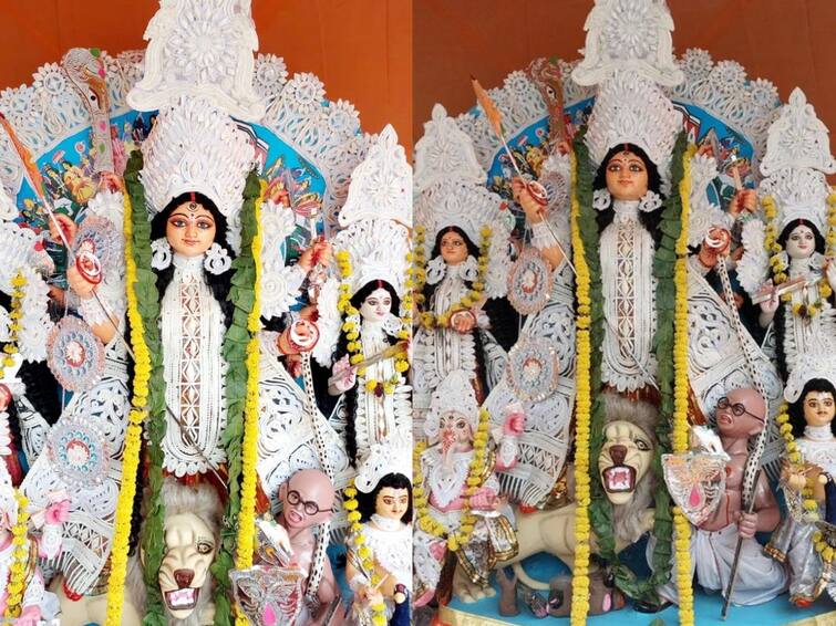 Kolkata Mahatma Gandhi as Mahishasura at Hindu Mahasabha sparks controversy Mahatma Gandhi : மகாத்மா காந்தியை மிதிக்கும் காளி.. ஹிந்து மஹாசபை வைத்த சர்ச்சை சிலை..கொந்தளித்து எழும் கண்டனங்கள்