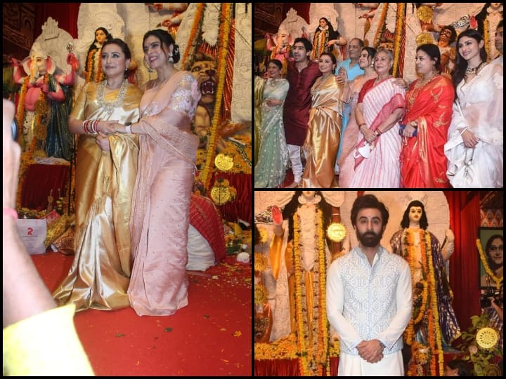 Bollywood Stars At Durga Puja: मुंबई में आयोजित दुर्गा पूजा पंडाल में बॉलीवुड के कई बड़े सितारे एकजुट होते नजर आए. काजोल और रानी ने एकसाथ जमकर पोज दिए. वहीं जया बच्चन ने रानी मुखर्जी को गले लगा लिया.