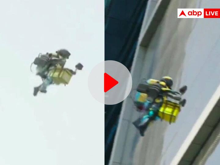 first Delivery agent fying man flies with the help of jetpack for food