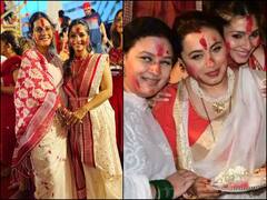 Durga Puja पंडाल में तनिशा, काजोल और रानी मुखर्जी ने जमकर खेला सिंदूर, सामने आईं ये तस्वीरें