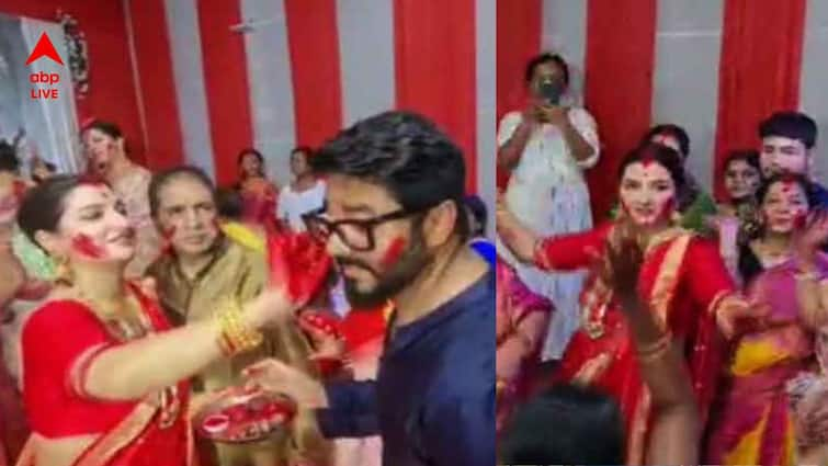 Durga Puja 2022 Bijaya Dashami Purba Burdwan Subhashree Ganguly Sindur Khela dance with Raj Chakraborty Subhashree Ganguly : দশমীতে বাপের বাড়িতে সিঁদুরখেলা, রাজের সঙ্গে নাচে মাতলেন শুভশ্রী