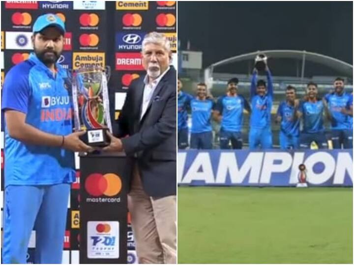 Rohit Sharma Gave Trophy To Shahbaz Ahmed After Winning Series Against South Africa see Video IND vs SA: द.अफ्रीका के खिलाफ सीरीज़ जीत के बाद रोहित में दिखी MS Dhoni की झलक, वीडियो में देखें क्यों हो रही तारीफ