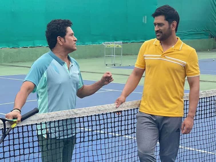 MS Dhoni Sachin Tendulkar At Tennis Court During Ad Shoot Legends Reunited See Photo Sachin Tendulkar And MS Dhoni Spotted Playing Tennis Together. Check Out Photos